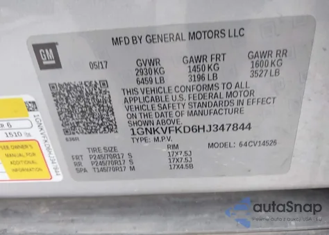 2017 Chevrolet Traverse Ls z USA, uszkodzony, nr VIN 1GNKVFKD6HJ347844